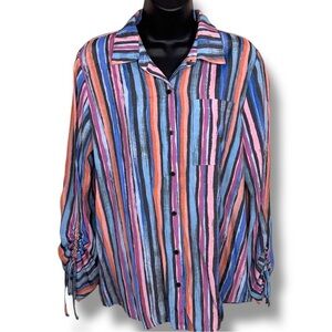 Medium Colorful Striped Long Sleeve Button Front Top Ruched Sleeve Pink Blue